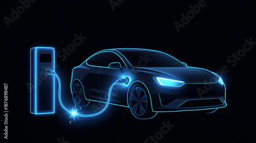 Electric car charging station with glowing blue neon lines