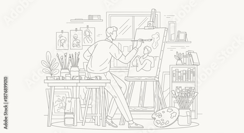 Artist Painting on Canvas in Studio.