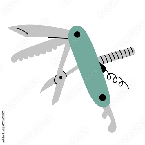 Flat vector multitool pocket knife illustration. Outdoor and survival equipment perfect for camping, hiking, adventure, travel and utility design.