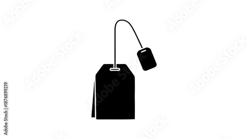 Vector illustration of a minimalist black teabag with tag, on transparent background
