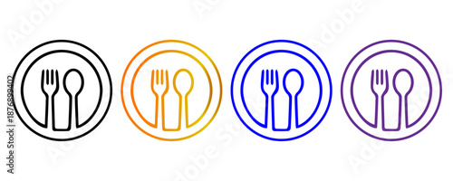 Modern Outline Restaurant Icon Set: Fork and Spoon Symbols in Diverse Colors for Food Service UI/UX