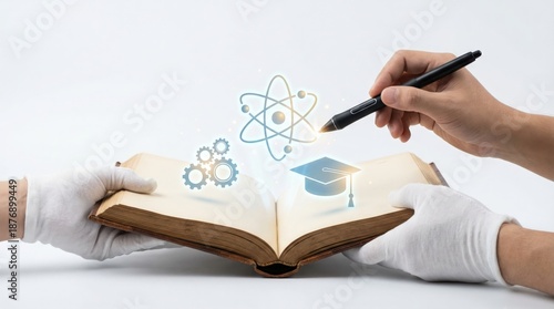 Knowledge Unveiled: Two gloved hands carefully open an antique book, while another hand uses a stylus to bring forth icons of knowledge, symbolizing the exploration of education, science.