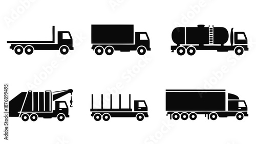 Vector illustration of diverse heavy cargo trucks and commercial transport vehicles set, on transparent background