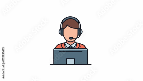 Cartoon illustration of a customer service representative with a headset and computer.