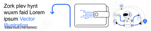 Digital payments, security, online transactions, AI systems, fintech, blockchain. Visual of a wallet with circuits and futuristic AI graphic connected to digital elements. Digital payments
