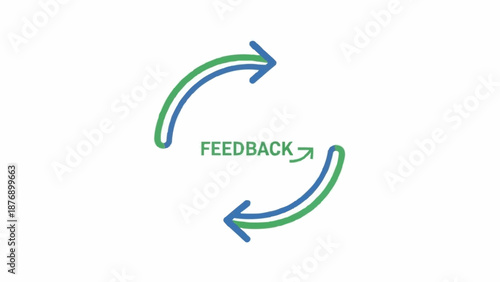 A visual representation of a feedback loop with two curved arrows, one green and one blue, circling the word 'FEEDBACK' in the center.
