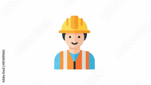 A cartoon illustration of a smiling construction worker wearing a yellow hard hat and an orange safety vest.