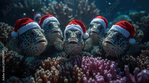 A joyful group of deep-sea anglerfish wearing miniature Santa hats, exchanging bioluminescent gifts at a coral-reef New Year's Eve celebration. Highly detailed and vibrant. Generative AI