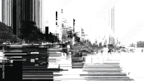 Glitchy cityscape with distorted buildings and lines  urban landscape