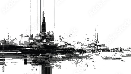 Glitchy cityscape with distorted skyscrapers and buildings