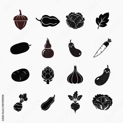 A diverse collection of fresh vegetable silhouettes and icons representing various healthy produce