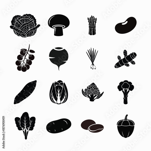 A diverse collection of fresh vegetable and food ingredient silhouettes on a clean white background