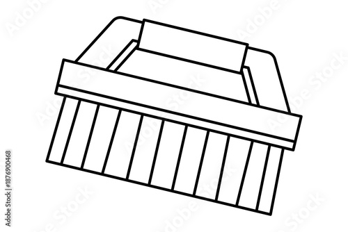 Hand drawn cute outline illustration of cleaning brush. Flat vector household washing bristle tool with handle line art doodle. Kitchen or bathroom scrubber icon. Hygiene housework. Isolated.