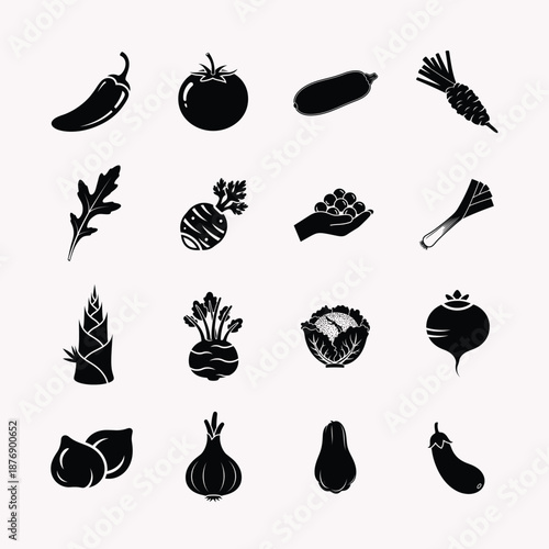 Diverse collection of fresh organic vegetables presented as clean black silhouettes
