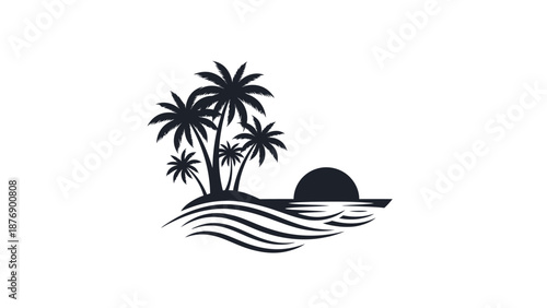 Minimalist Tropical Island Silhouette with Palm Trees, Sun, and Ocean Waves, isolated white background