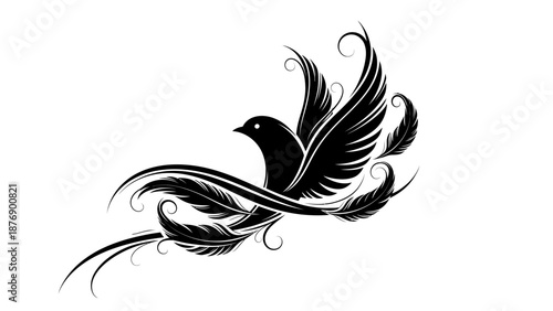 Majestic Stylized Black Phoenix or Firebird with Ornate Feathery Wings and Tail, isolated white background.
