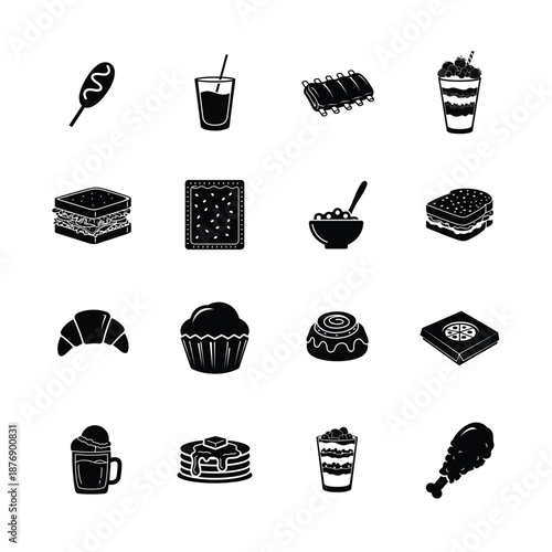 Black silhouette icons representing a diverse range of popular snacks, meals, and beverages
