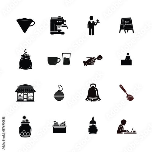 A comprehensive collection of coffee and cafe themed icons for brewing, serving, and enjoyment