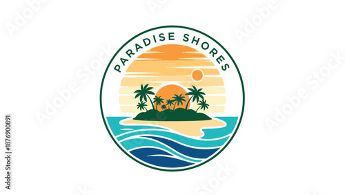 Tropical Island Paradise Shores Logo with Palm Trees, Ocean, and Sunset in Circle Frame, isolated white background.