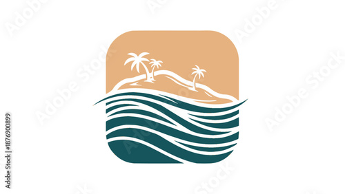Tropical Island Beach Scene with Palm Trees and Ocean Waves at Sunset, isolated white background.