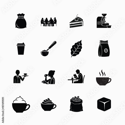 Monochrome coffee icons illustrating the journey from bean to beverage and cafe moments