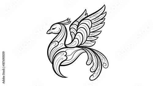 Intricate Stylized Phoenix Bird with Detailed Wings in Flight on Isolated White Background