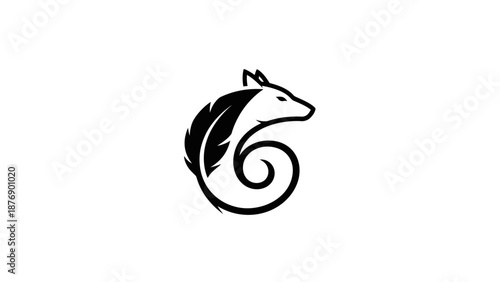 Abstract Stylized Fox Head with Feather and Spiral Logo on Isolated White Background