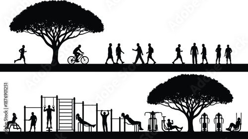 Park silhouette scene with people walking, running, cycling, and exercising at outdoor gym equipment under trees, showcasing fitness lifestyle and recreation concept.