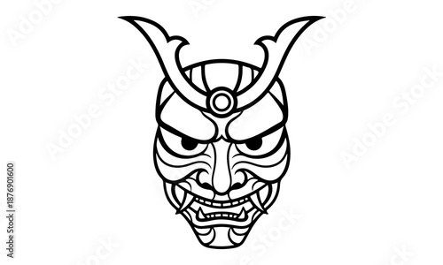 A detailed black and white illustration of a traditional Samurai mask, showcasing intricate craftsmanship and formidable presence. 