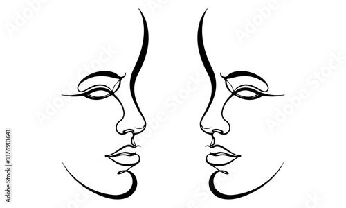 Two minimalist line art faces gaze at each other, creating a sense of balance and harmony. The simple lines evoke emotion, while the symmetry enhances the overall aesthetic.