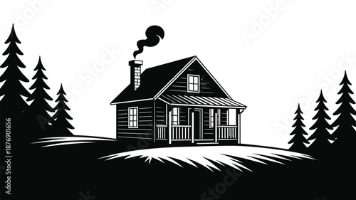 Cozy cabin in the woods with smoke rising from chimney peacefully