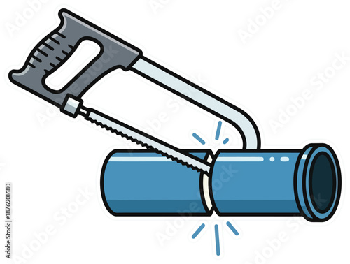 Cutting a blue pipe with a hacksaw