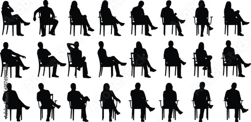 People sitting on chairs silhouette set with men and women in different relaxed poses, isolated black figures collection for office, waiting, and interview scenes.