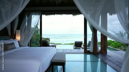 Luxurious Oceanview Bedroom Retreat, Coastal Resort, Contemporary Design, Relaxing Atmosphere, Serene Environment