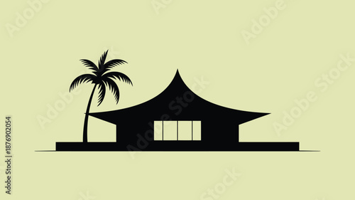 Serene tropical hut with palm tree silhouette on sunny background