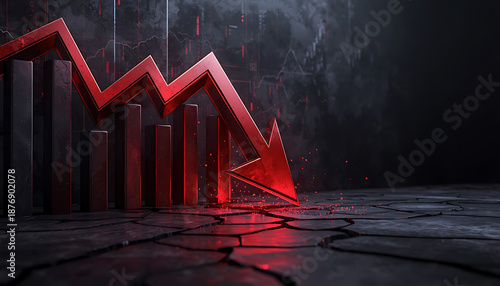 Large red arrow crashing through cracked ground during market collapse