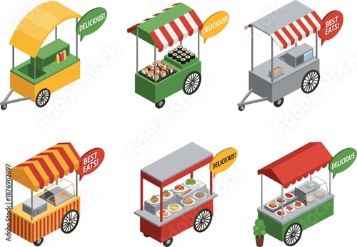 Isometric street food cart set with colorful vendor stalls, canopy wagons, snack displays, and speech bubbles, perfect for market, festival, and retail icons.