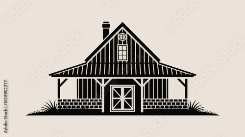 Charming rustic house with porch and chimney in black and white