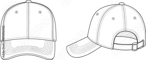 Baseball cap technical fashion illustration showing front and angled back views with stitched panels, curved brim, ventilation eyelets, and adjustable strap outline template.