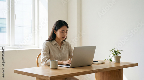 Wide Shot of Asian Freelancer Working at Large Wooden Desk with Copy Space