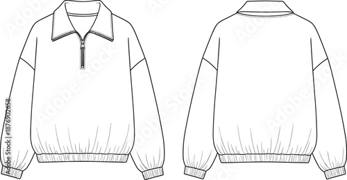Half zip pullover sweatshirt technical fashion illustration showing front and back views with collar, zipper placket, elastic hem, and long sleeves outline template.