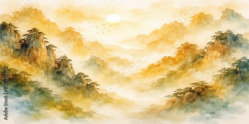 An abstract watercolor painting of a beautiful summer sunset sky featuring bright orange and blue clouds in a light atmosphere with sunlight