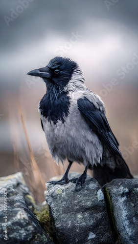 Hooded Crow Standing on Rock in Misty Natural Landscape