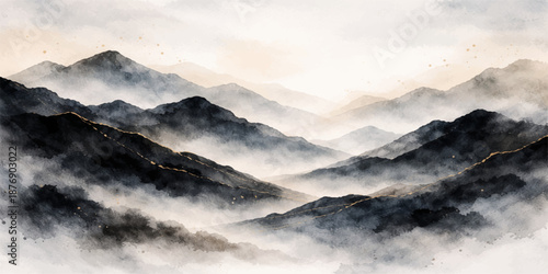 A breathtaking nature landscape features a panorama of the mountains at sunrise as golden sunlight pierces through the blue fog and summer clouds to illuminate the morning sky