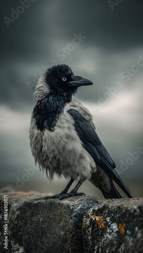 Crow Bird Portrait Perched on Stone in Dramatic Natural Light