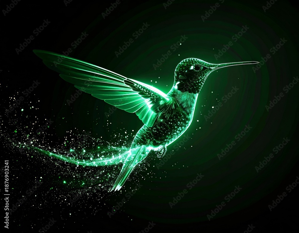 Naklejka premium Glowing Green Hummingbird Silhouette Flying on a Dark Background
