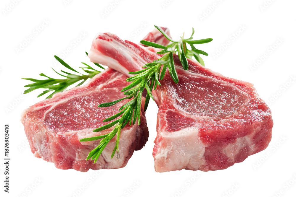 Fototapeta premium Raw lamb chops with fresh rosemary sprigs isolated on transparent background. Raw lamb chops with rosemary sprigs ready to cook isolated on white background.