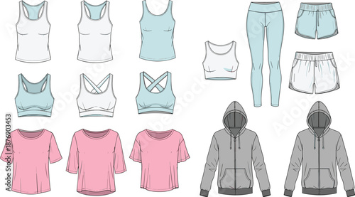 Women’s activewear clothing set illustration with sports bra, tank tops, t shirts, leggings, shorts, and hoodies in pastel colors, fitness outfit collection.