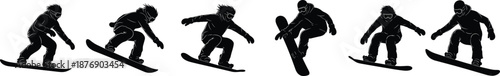 Snowboarder silhouette sequence showing jumping and riding trick poses, winter extreme sport action set, black snowboard athlete collection isolated on white.