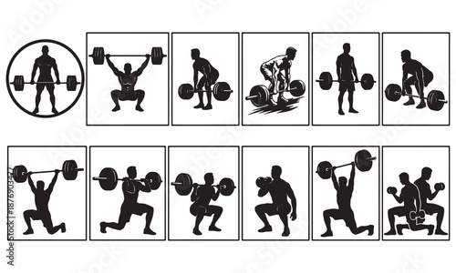 Barbell Weightlifting Exercise Silhouette Vector Set of Male Athlete Poses
